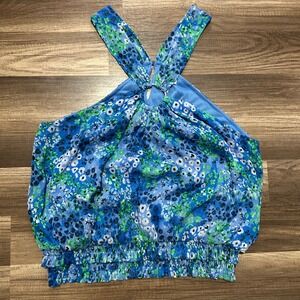 Cato Floral Halter Crop Top XL Blue Green Excellent Smocked Chiffon Boho Resort